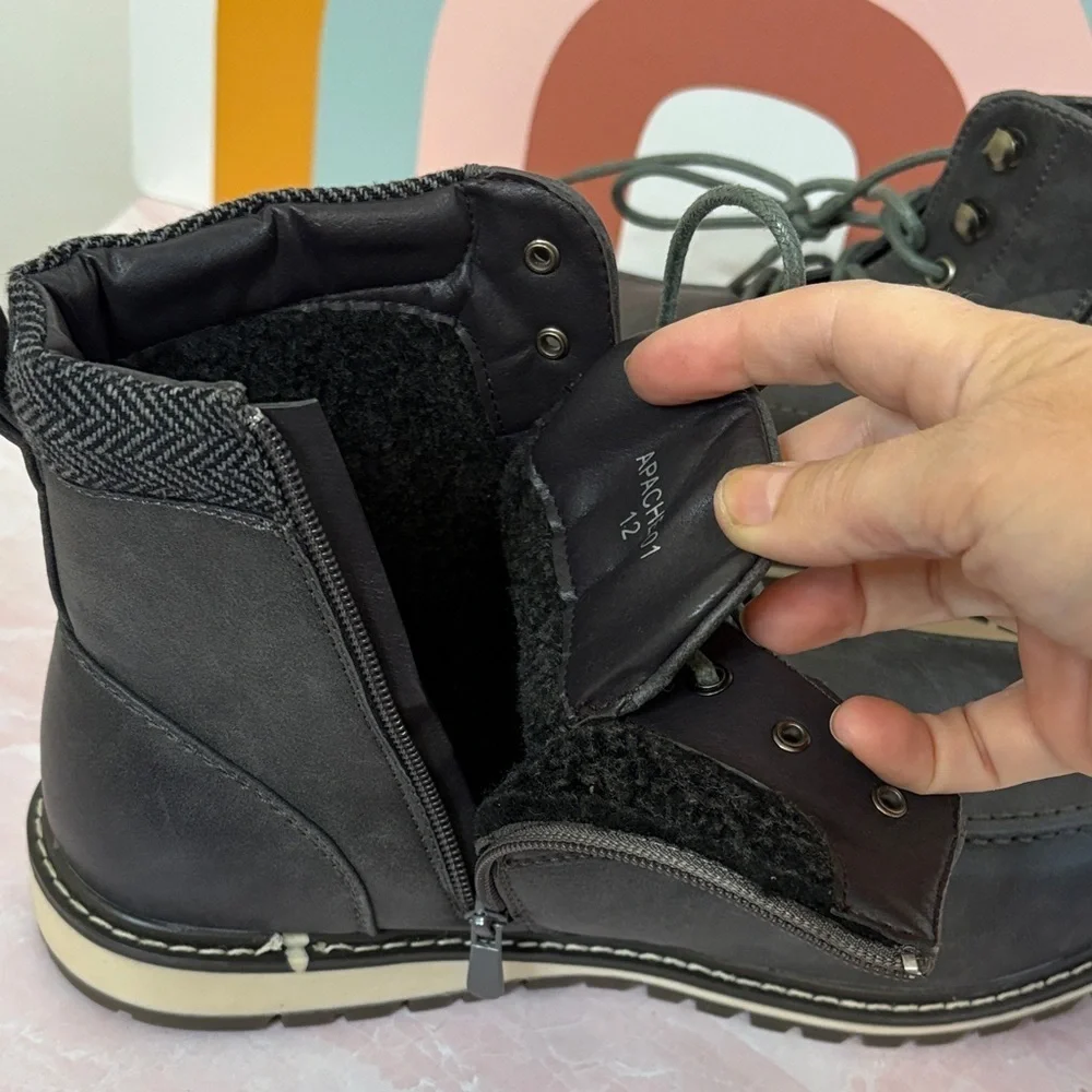 Bruno Marc Apache Grey Leather Lace-Up & Side Zip Work Combat Boots sz 12 NWOT